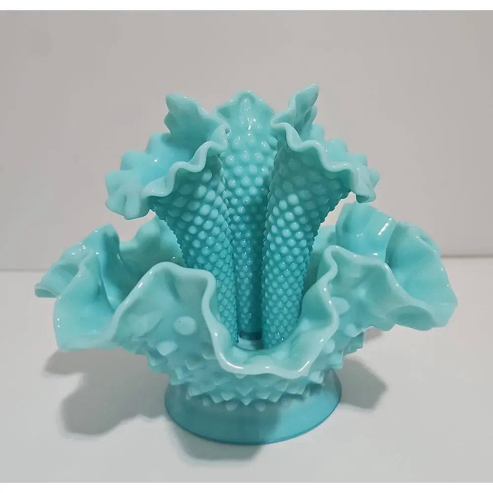 Fenton Aqua Milk Glass Three Horn Hobnail Epergne Vase/Bowl Mint Condition